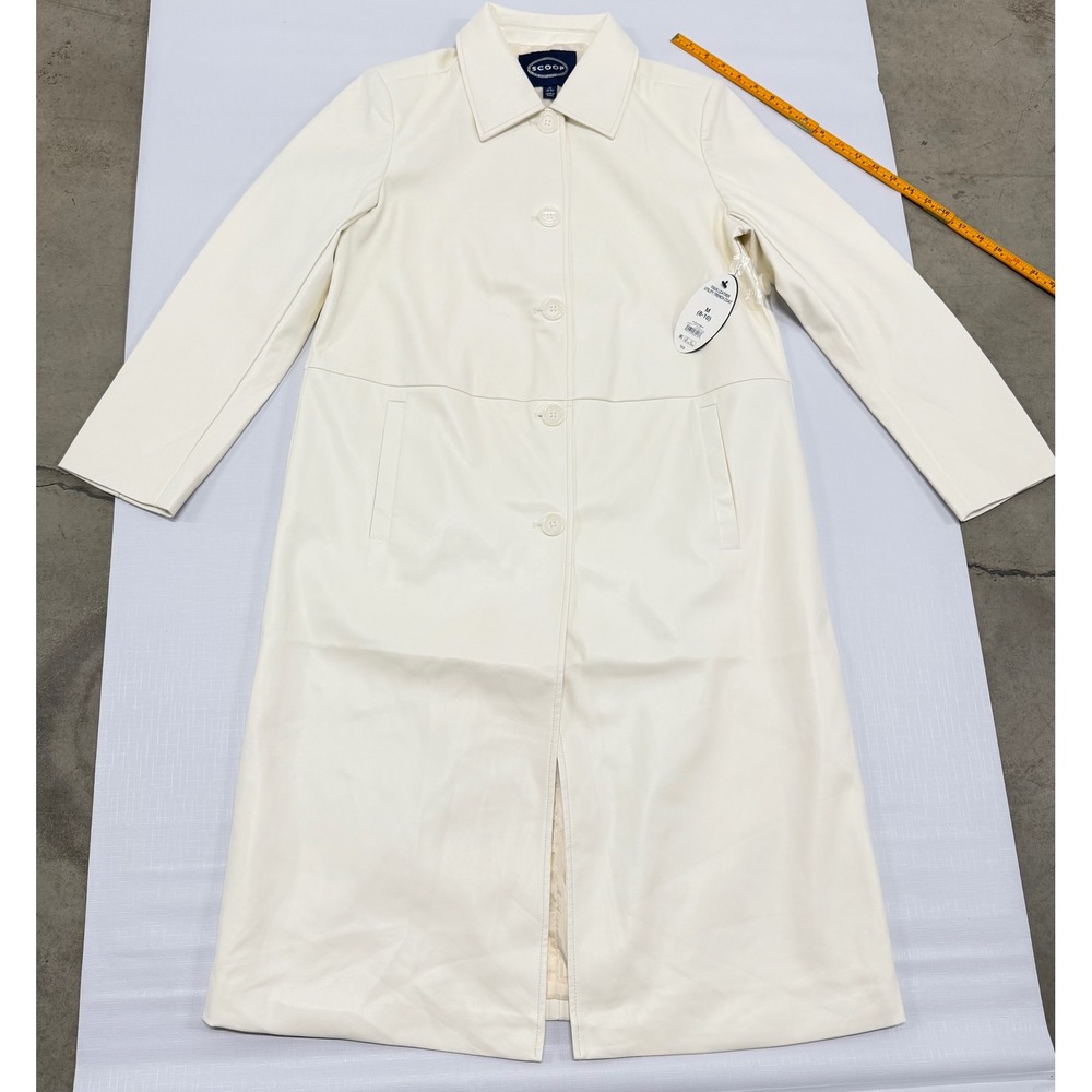 Scoop Cream Faux Leather Utility Trench Coat Womens Size M Longline Jacket NEW